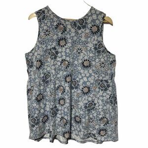 J Jill Womens Sleeveless Floral T Shirt Top Blue/White/Orange Sz. L Ruched Back